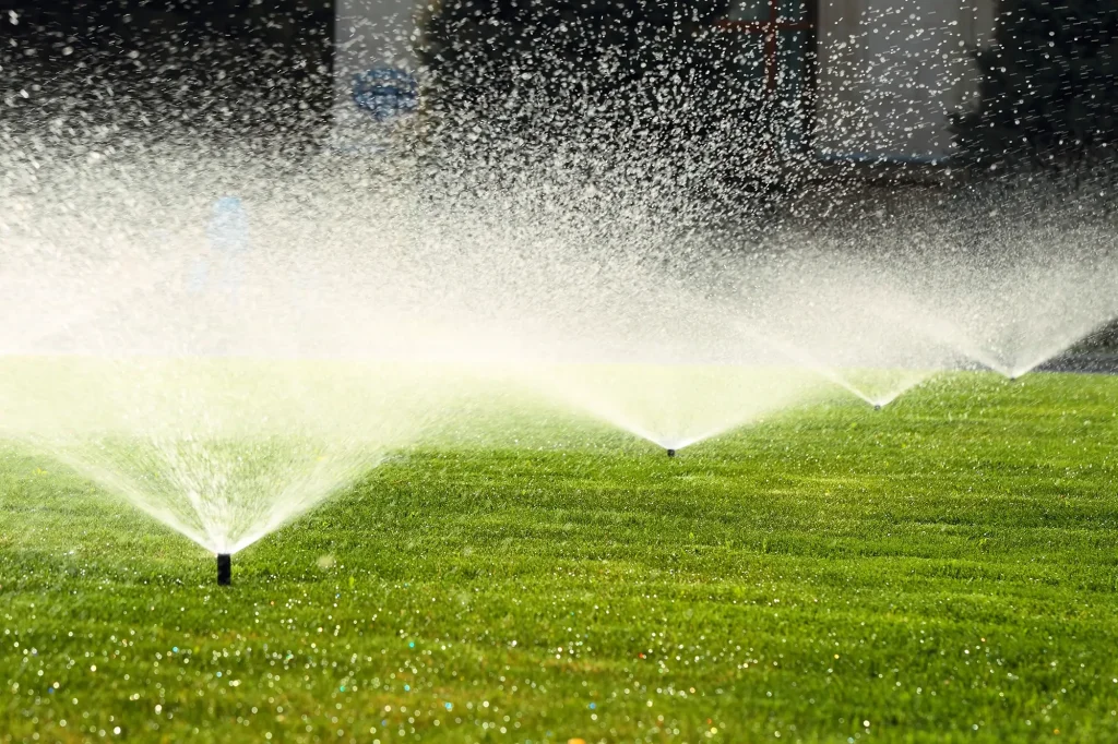 Sprinklers lined up watering large field