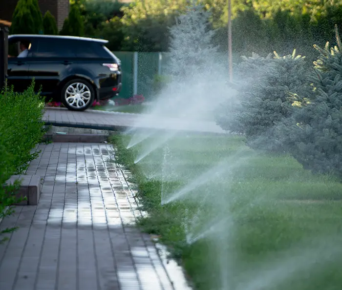 A lawn irrigation system is actively watering a vibrant green lawn under the morning sun