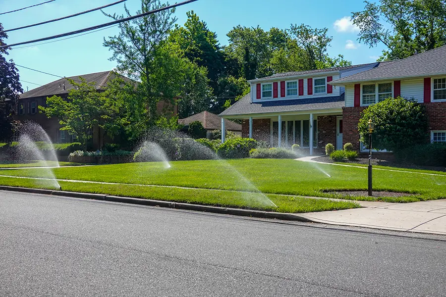 Sprinkler system running in front yard of residential home